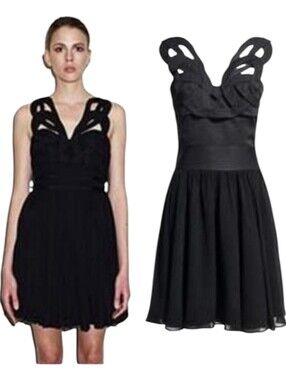 Reiss Sonia Fit and Flare Black Mini Dress Size 6 Intricate Bodice Full Skirt